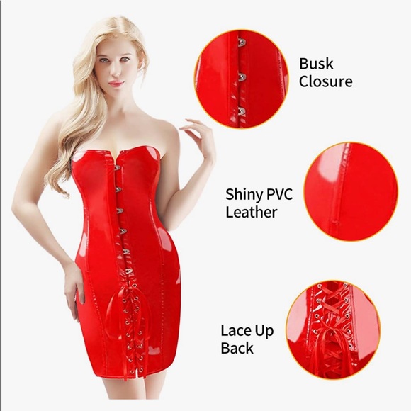 NEW ALIVILA Y Red Faux Leather Fashion Corset Dress - Picture 3 of 12